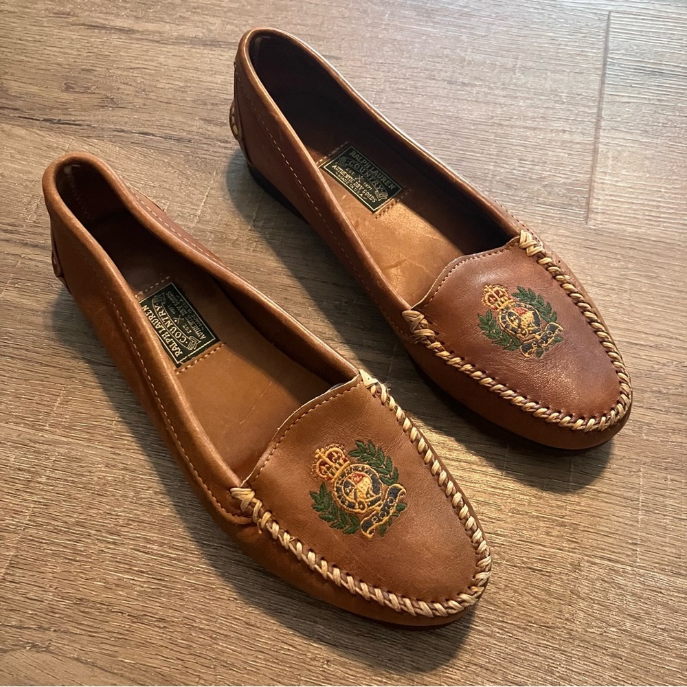 Ralph Lauren Tan Leather Embroidered Crest Loafers